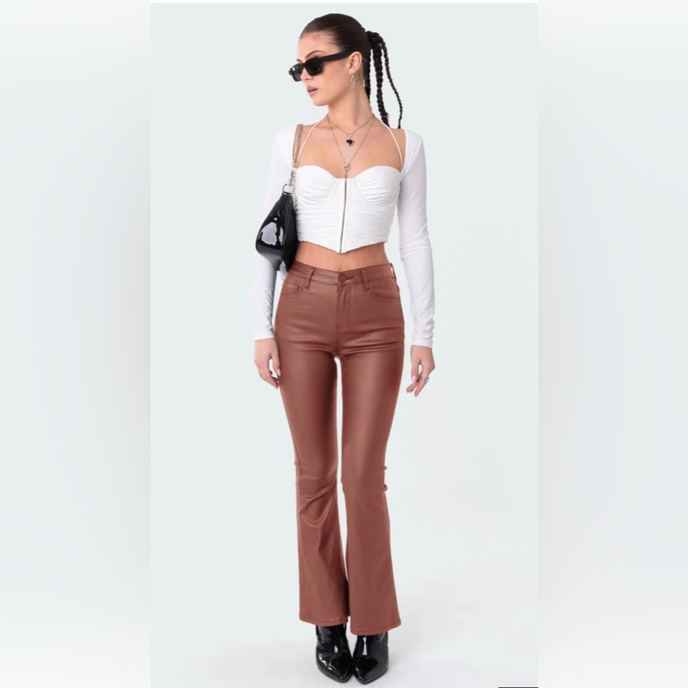 Petite Luna Faux Leather Flare Jeans (Edikted)